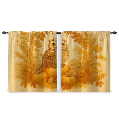 Cortinas de cocina con diseño de búho, calabaza, hojas de arce, color naranja otoñal, cortinas para ventanas pequeñas para lavandería, fregadero, pasillo, apartamento, decoración de ventana, 42 x 45