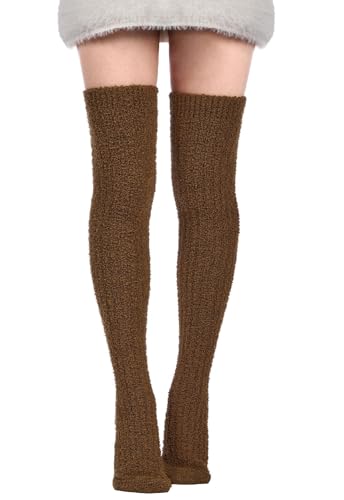 Image of Moon Wood Womens Thigh High Socks Long Soft Warm Leg Warmers Fuzzy Over Knee High Stockings Coral Fleece Plush Socks