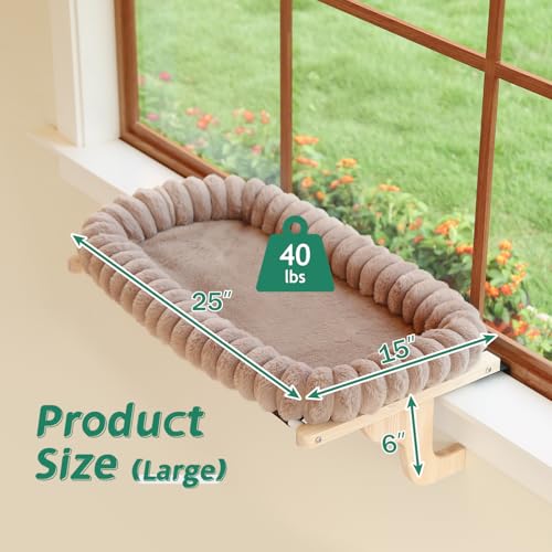 Image of Zakkart SnugCloud Cat Window Perch with 4-Sided Bolster - Orthopedic Cat Hammock for Window Sill - Solid Hardwood & Metal Frame - Window Seat for Pets (Natural Color Wood w /Brown Bed, Large)