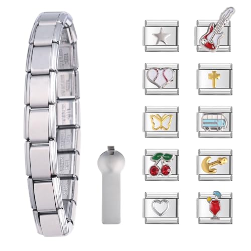 Gracayfr Italian Charm Bracelet Charms Bracelets Links Tool Pack Starter Modular Link 2000S Classic Diy Baseball Bus Juice Cross Butterfly Cherry Guitar Set