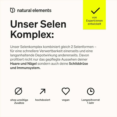 natural elements Selen Komplex – 365 Tabletten mit je 200µg – Komplex aus Natriumselenit und Selenmethionin – vegan, hochdosiert, ohne unnötige Zusätze – in Deutschland produziert & laborgeprüft