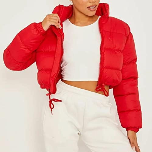 FindThy Women’s Winter Cropped Puffer Jacket Classic Long Sleeve Stand Collar Padded Down Coats3
