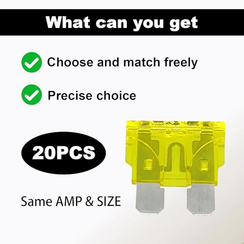 20pcs 20A Standard Car Fuses Blade Fuse, 20 AMP Automotive Fuses(ATO/APR/ATS), 32V (12/24V) Blade Fuse, Automotive Fuses for RV, Truck, AUTO, Boat, SUV (20 AMP/32V)