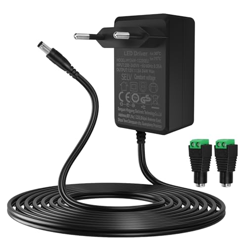 Gonew21 Adaptateur Secteur 12V 2A - Alimentation 12V, 2M Fil, 2 Fiches DC, Transformateur Entrée AC110-240V, Sortie DC12V 24W, Fiche 5.5X 2.0MM avec, Chargeur AC/DC, pour Lampe LED, et Autres(~2A)