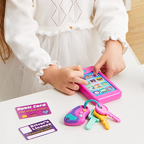 JOYIN Pretend Kids Phone, Learning Toy Phone Set (4-in-1),Kids Cellphone, Keyfob Key Toy, Driver's License, and Debit Card, Car Sounds,Phrases and Music,Girls Boys Birthday Gifts for Kids 1-3, Pink - image 8