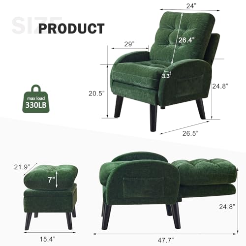 SENYUN Accent Chair with Ottoman, Chenille Fabric Comfy Living Room Chair and Storage Ottoman Set, Reading Chair with Adjustable Backrest & Side Pocket, Lazy Chair for Bedroom,Living Room,Green