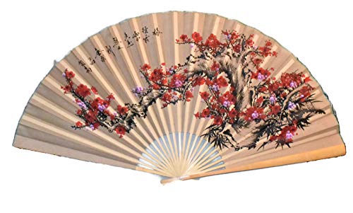 Large 60 X 35 Tannish Gold Color Fan with Red & Fuchsia Cherry