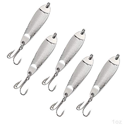 5pcs Fish WOW! 1oz Casting Spoon Jig Lures Hammered Spoons with a Treble Hook - Silver