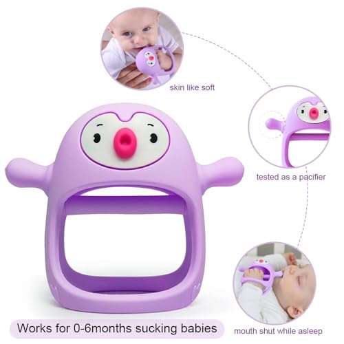Image of Penguin Teethers, Silicone TeethingToys for Babies 0-6Months, Baby Teethers for 3-6Months, Hand Teether for Infants, Pacifiers for New Born, (Light Purple)