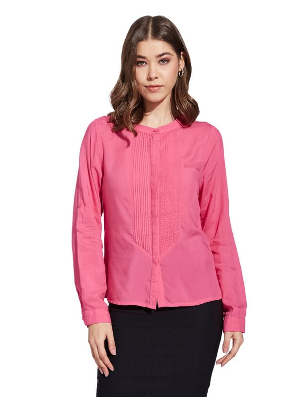 latin quarters Women Pink Mandarin Collar Full Sleeve Solid Shirt Blouse-picture-29