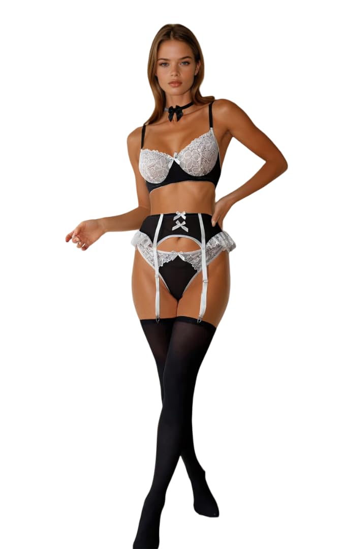 likra Women's 4-Piece Net Maid Roleplay Lingerie Set – Exotic Allure Lace Bra, Panty, Garter Belt & Stockings | Sexy Babydoll Nightwear for Bridal, Honeymoon & Romantic Nights (Black & White)-picture-11