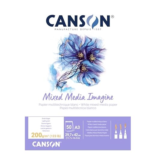 Canson Imagine, Papel Mixed Media, Grando ligero, 200g, Encolados por el lado corto, A3-29,7x42cm, Blanco natural, 50 Hojas