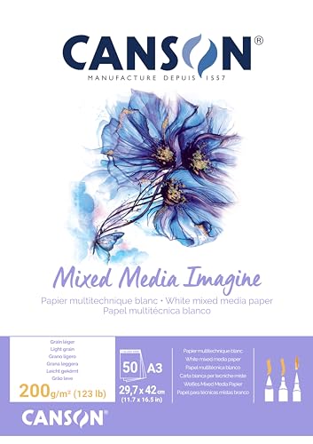 Canson Imagine, Papel Mixed Media, Grando ligero, 200g, Encolados por el lado corto, A3-29,7x42cm, Blanco natural, 50 Hojas