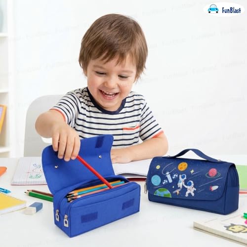 Image of FunBlast Multi-Purpose Pouch - Double Compartment Large Capacity Pouch - Happy Planet Zipper Pencil Case for Kids, Pencil Box for Kids, Stationary Pouch for Students School Supplies (Navy Blue-A)