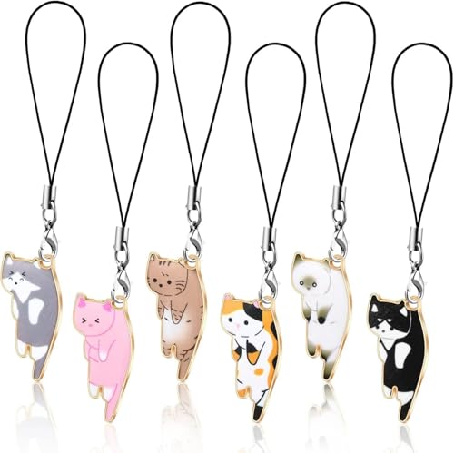 xueneige 6 Pcs Cat Charm for Cell Phone Kawaii Kitty Mobile Phone Charms Strap Cute Hanging Accessories