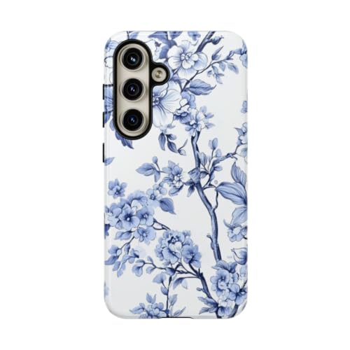 Coque rigide Samsung S24 motif floral vintage bleu finition brillante premium