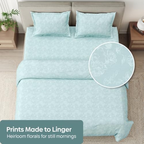 Image of Haus & Kinder King Size Bedsheet for Double Bed with 2 Pillow Covers 108 Inch x 108 Inch| Premium Soft & Silky Pure Cotton 300 TC Flat King Bedsheet | Ashen Blossom Mint