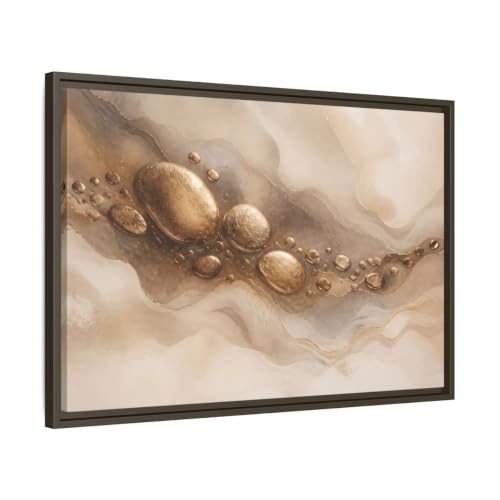 Toile beige et or abstraite 75x50 cm avec cadre espresso pour salon