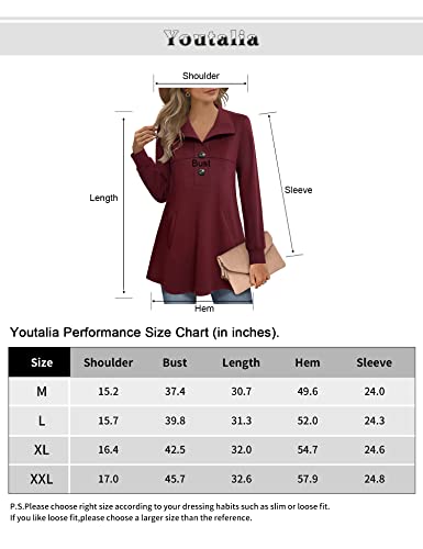 Youtalia Ladies Tunic Tops For Leggings, Women's Swing Tunic Sweatshirts Long Sleeve Lapel V Neck Top With Pockets Fashion Business Casual Sweatshirt Ladies Pullover Button Down Shirts Wine Large #TOP4