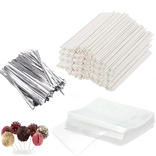 Basquei Cake Pop Sticks 6 Inches, Cake Pop Bags (3.9"X4.7"), Silver Metallic Twist Ties, 600 Pcs Cake Pop Kit Used for, Lollipops Cake, Candies, Chocolates Making Tools