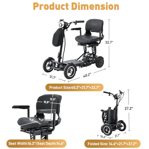 All-Terrain 4-Wheel Foldable Electric Scooter Lightweight Folding Mobility Scooter for Adults & Seniors, 25Miles Long Range, 15.6AH Lithium Battery, 3-Speed Mode, Max Load 300lbs (Standard Black)
