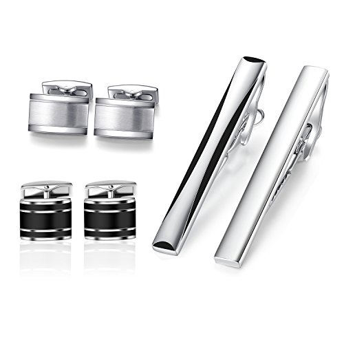 HONEY BEAR Cufflinks and Tie Clip Set Mens Rectangle for Business Wedding Gift Silver Black with Box