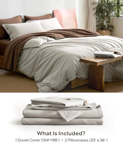 Image of JELLYMONI 100% Washed Cotton Natural Gray Duvet Cover Cal King | OEKO-TEX Certified, Soft, Breathable Linen-Look Bedding with Natural Wrinkle Texture, Button Closure, 3-Piece Set, 104 inchx98 inch