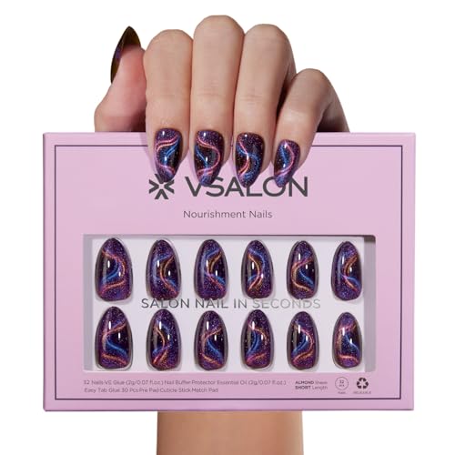 VSALON Press on Nails Short Almond - Dark Purpule Blue Cat Eye Sparkle Ribbon Design Halloween Nails for Women, Reusable Opaque Gel Chrome Glue on Nails with Glue & Cuticle Oil - 32 PCS in 16 Sizes