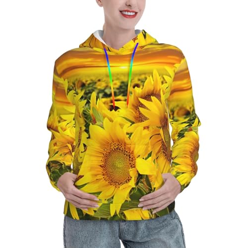 Sweat à capuche imprimé champ de tournesol pull ajusté femme avec poche