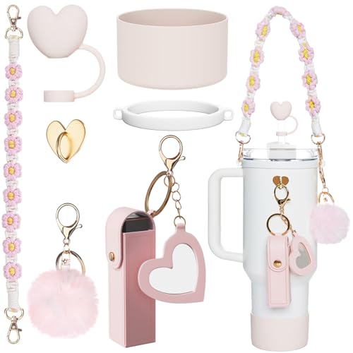 Affute Stanley Cup Accessories Set Including Siliocne Straw Cover, Siliocne Boot, Water Bottle Handle Strap, Stanley Charms for Stanley Cup 40oz 30oz Tumbler with Handle (Pink Lip Balm Sleeve)
