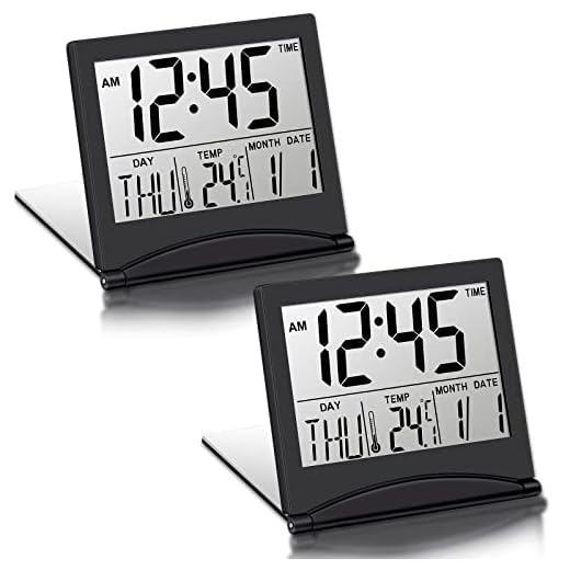 Hicarer 2 Pieces Digital Travel Alarm Clock Battery Operated Foldable LCD Clock with Calendar Temperature Snooze Mode Multifunction Small Desk Clock Portable Clock Large Display Desk Clock(Black)