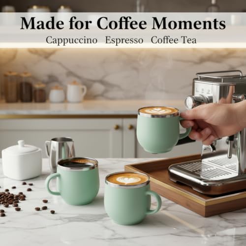 Image of Premium Stainless Steel Cappuccino Cups Set of 6 | 100ml Double Wall Insulated Coffee Mugs | Reusable Espresso & Cappuccino Cups | Stylish Gift Set for Home & Office (Green)