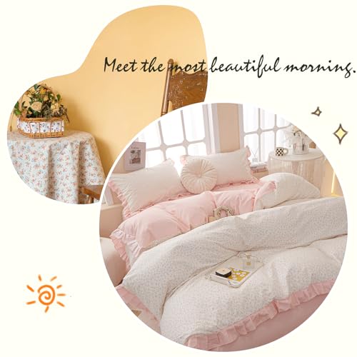 Image of VM VOUGEMARKET Pink Flower Duvet Cover Set Queen Romantic Girls Ruffle Lace Bedding Set Soft Cotton Girls Duvet Cover with 2 Pillow Shams