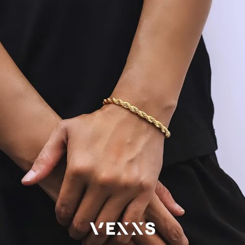 VEXXS Rope Chain Bracelet for Men, 18K Real Gold Plated Men's Rope Link Bracelet, Durable No Color Fading Cuban Link Bracelet 5mm Men’s Gold Bracelet3