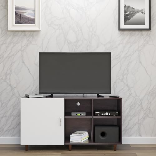 Image of VIKI Modern TV Unit for Living Room | Engineered Wood TV Cabinet with 1 Door Storage & 2 Open Shelves, Entertainment Unit, 140W x 74H x 40D cm | DIY | 1 Year Warranty (Wenge & White)