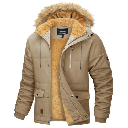 Image of MAGCOMSEN Mens Fleece Lined Jackets Winter Thick Warm Puffer Coat Khaki,M