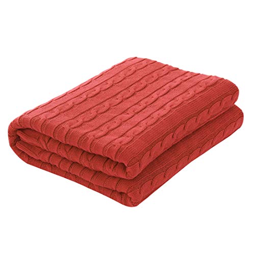 uxcell 100% Cotton Knitted Throw Blanket for Sofa and Couch Soft Lightweight Cable Knit Blanket Home Decorative Blanket, Orange Red 60