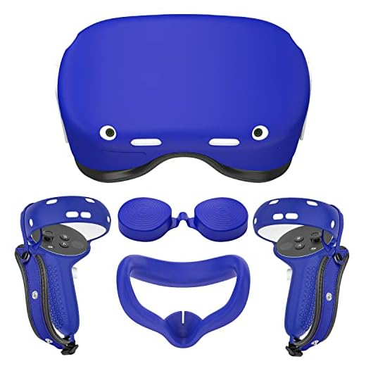 Controller Grips Cover for Oculus Quest 2,Anti-Leakage Silicone Face Cover for Oculus Quest 2, with Lens Protective Cover and VR Shell, Accessories Set 4-in-1 for Oculus Quest 2（Blue）