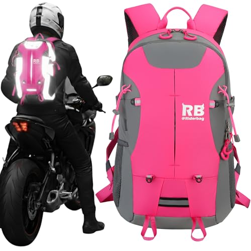 Reflective Motorcycle Backpack – Hi Viz EDC Commuter Bag for Riders, Night Travel, and Daily Use with Helmet Holder, Laptop Compartment, Ventilated Back, Urban Gear (pink backpack)