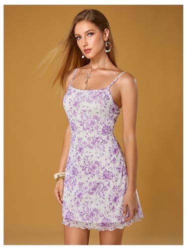 Image of Floerns Women's Summer Spaghetti Strap Cowl Neck Satin Mini Tropical Dress