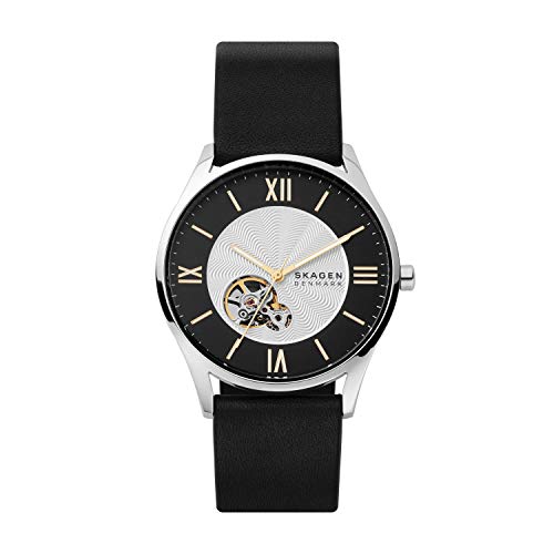 Skagen Men's Stainless Steel Automatic Watch with Leather Strap, Black, 22 (Model: SKW6710)