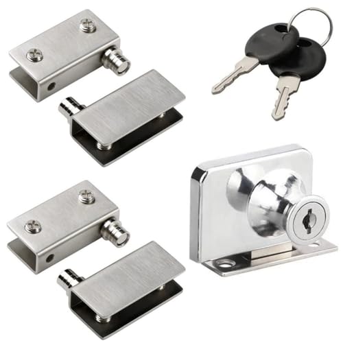 Bisagras para puerta de vidrio 90° Pivote, Cerradura de gabinete de vidrio de doble apertura, Cerradura de seguridad, Sin perforar, Compatible con 5-8 mm, 409 (Doble apertura, plateado) (Hinge Lock)