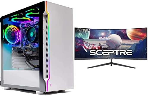 Skytech Gaming Archangel Gaming Computer PC Desktop, White & Sceptre 30-inch Curved Gaming Monitor 21:9 2560x1080 Ultra Wide Ultra Slim HDMI DisplayPort up to 200Hz Build-in Speakers, Metal Black