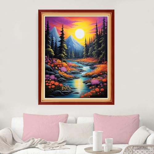 Image of Dimxvean Cross Stitch Kit, Sunrise Scenery 16x20 inch, Embroidery Kit for Adults Beginners, HD Preprint, Extra Lines