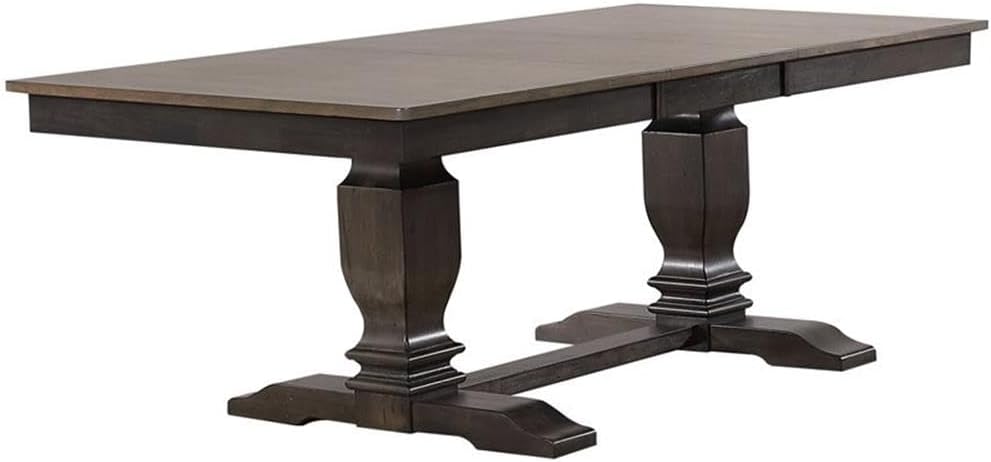 Pemberly Row Double Pedestal Wood Dining Table, Gray and Black Stone Finish, 30"H x 42"W x 62"-82"L, Rubberwood Construction, Rectangular Transitional Style with 18" Leaf, Seats 6-8 for Dining Room