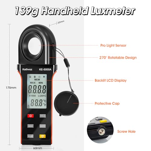 Kethvoz Digital Illuminance Light Meter, 400,000 Lux/FC Illuminance Tester with 270° Rotating Sensor, Data Logging, for Indoor Plants, Greenhouse, Grow Tent, Aquarium, Photography Lighting Measurement