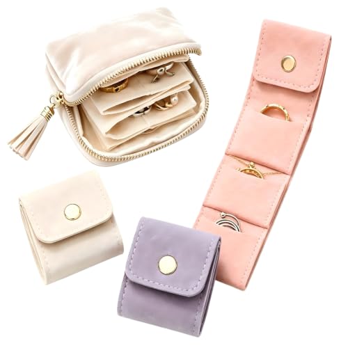 Jewelry Zippered Case Set with 3 Mini Foldable Rolls, Off White