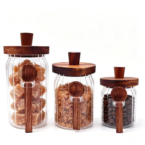 13&20&27oz Coffee Tea Sugar Container Set Ribbed Glass Jar with Scoop