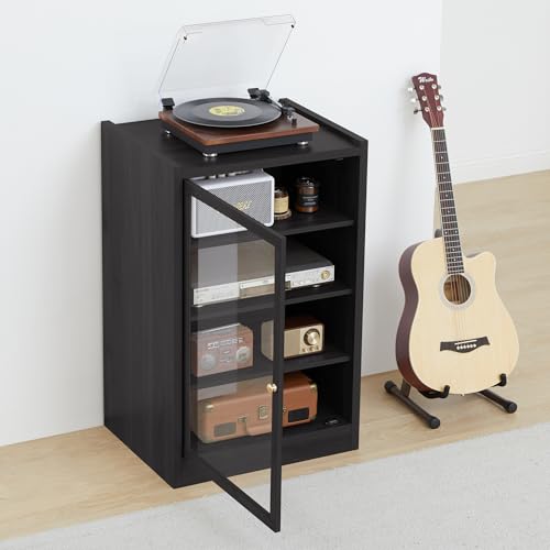 Media Cabinet with Door, Black 5-Tier Stereo Cabinet with Adjustable Shelves, AV Media Shelf Storage Cabinet with Cable Management, Audio-Video Rack Stand for Living, Gaming, Recording Room (Black)