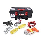 Warrior Trojan 4000lb Portable 12v Electric Winch - Reversible Magnet Motor with Power In/Out - Steel Plate, Mounting Option, Plug & Play - Convenient Carry & Storage Box - Synthetic Rope